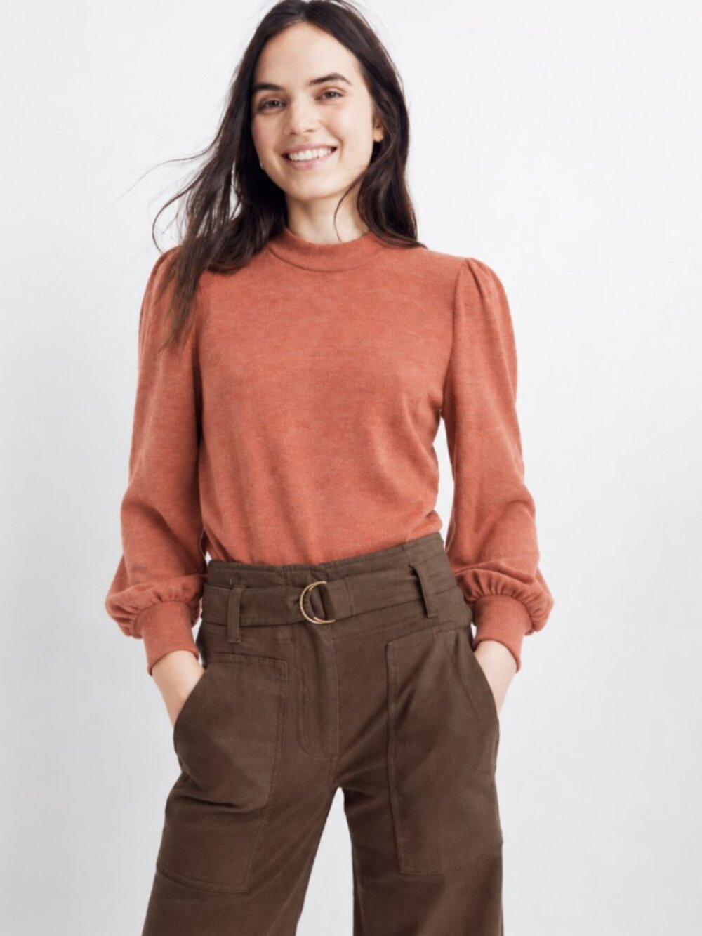Madewell Puff-Sleeve Mockneck Sweater in Pumpkin Size Small